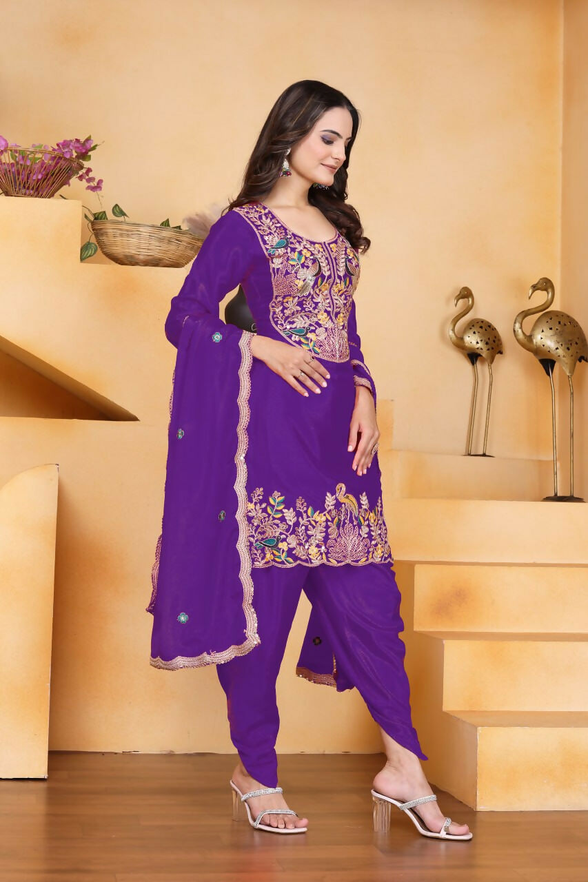 Joban Fashion Purple Silk Embroidered Dhoti Dhoti Set