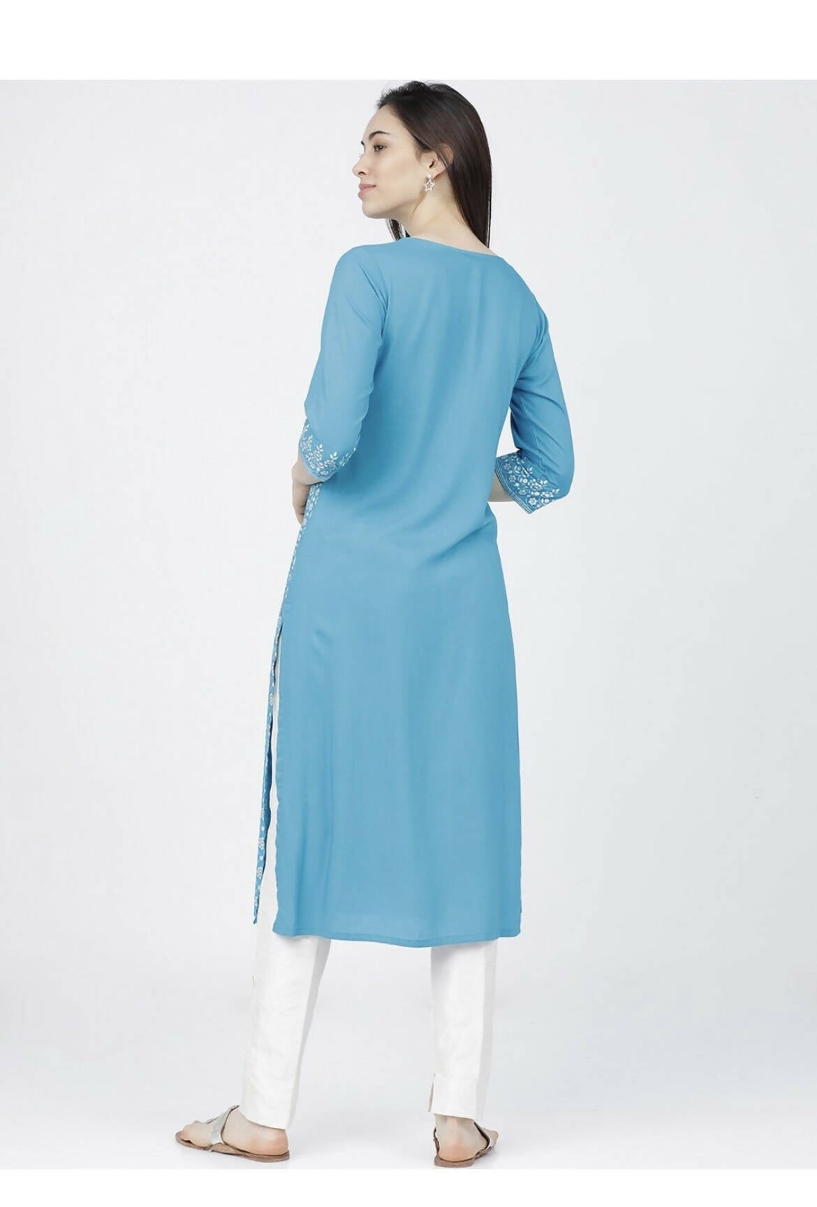 Cheera Embellished Daily Wear Cotton Blend Kurta - Sky Blue - Grab2buy
