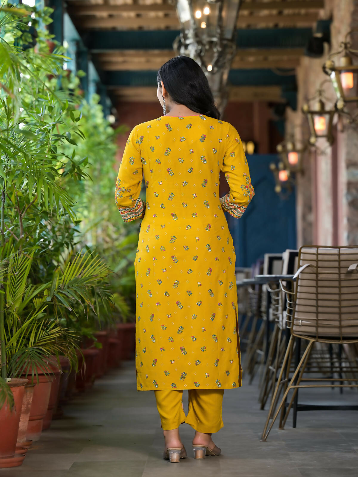 Juniper Women's Mustard Floral Printed Liva Rayon Kurta Pant And Dupatta Set With Sequins