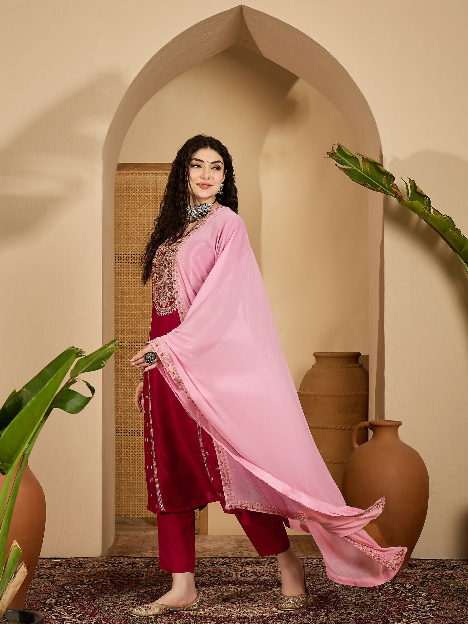 Joban Fashion Embroidery Red Vichitra Silk Kurta Set