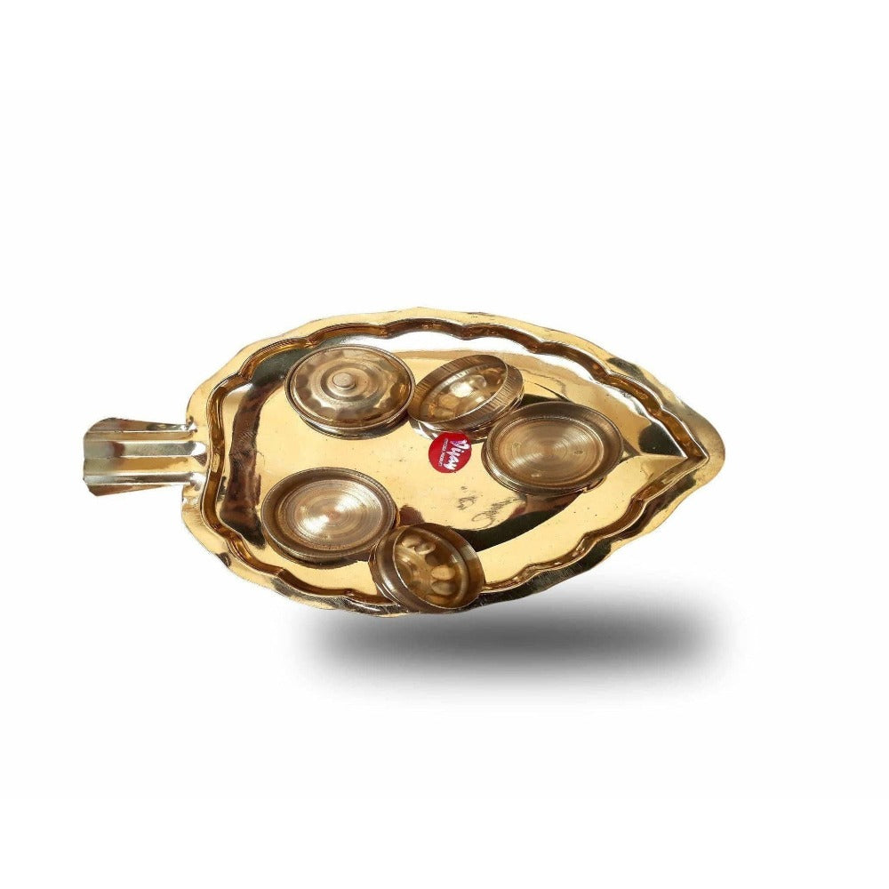 Leaf Shape Brass Tray with Haldi Boxes - Grab2buy