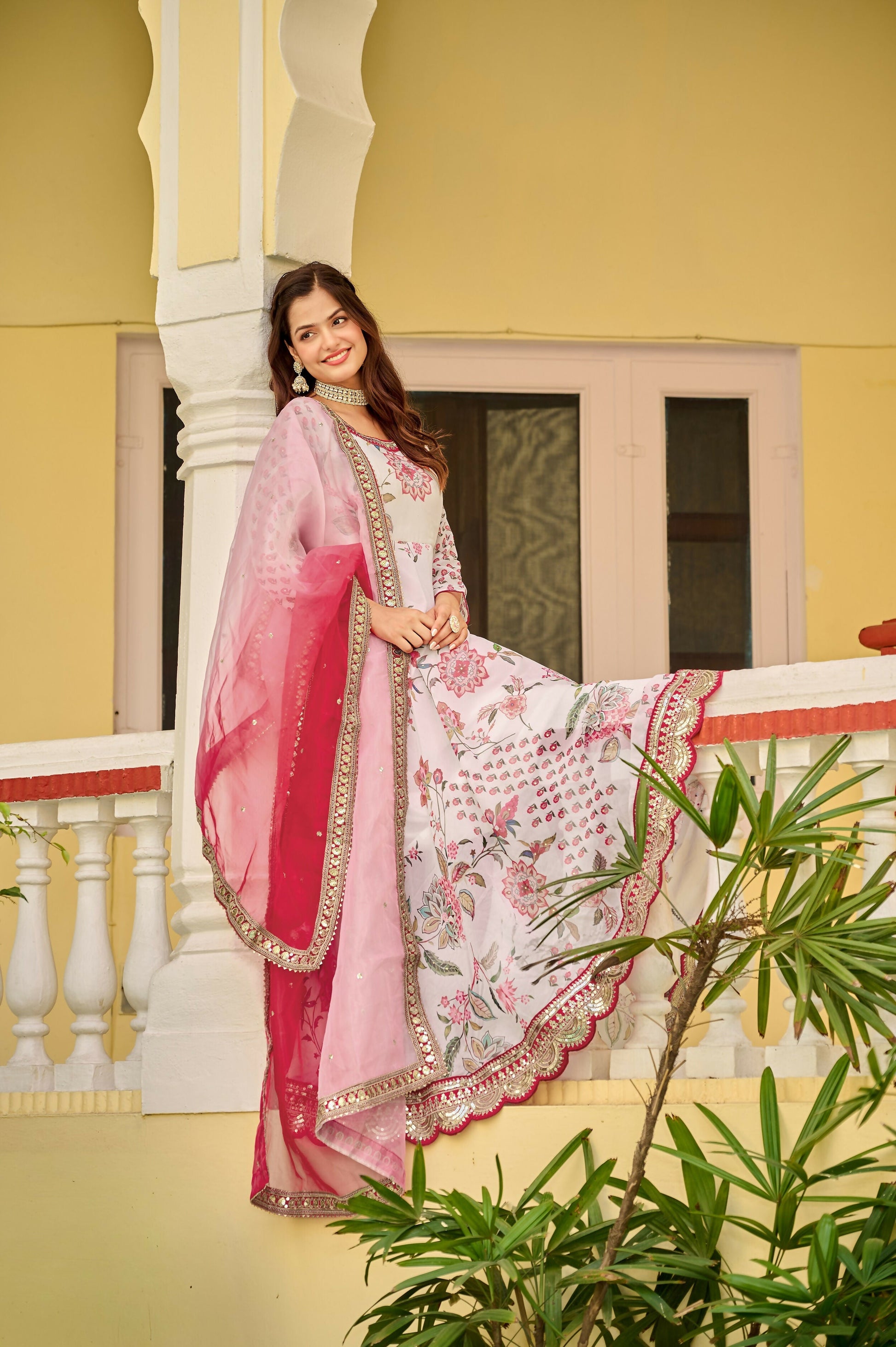 Joban Fashion Pink & White Georgette Embroidery Sequence Work Readymade Kurta Set