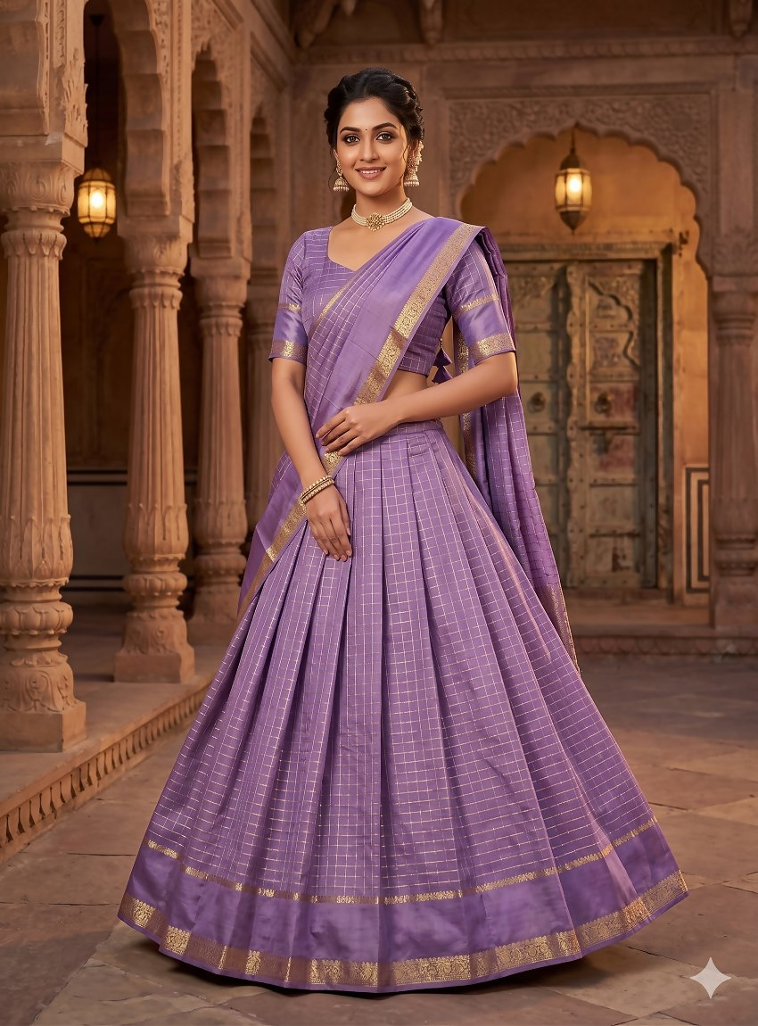Teeya Creation New South Indian Silk Checked Half Saree Lehenga Choli with Zari Border-Lavender