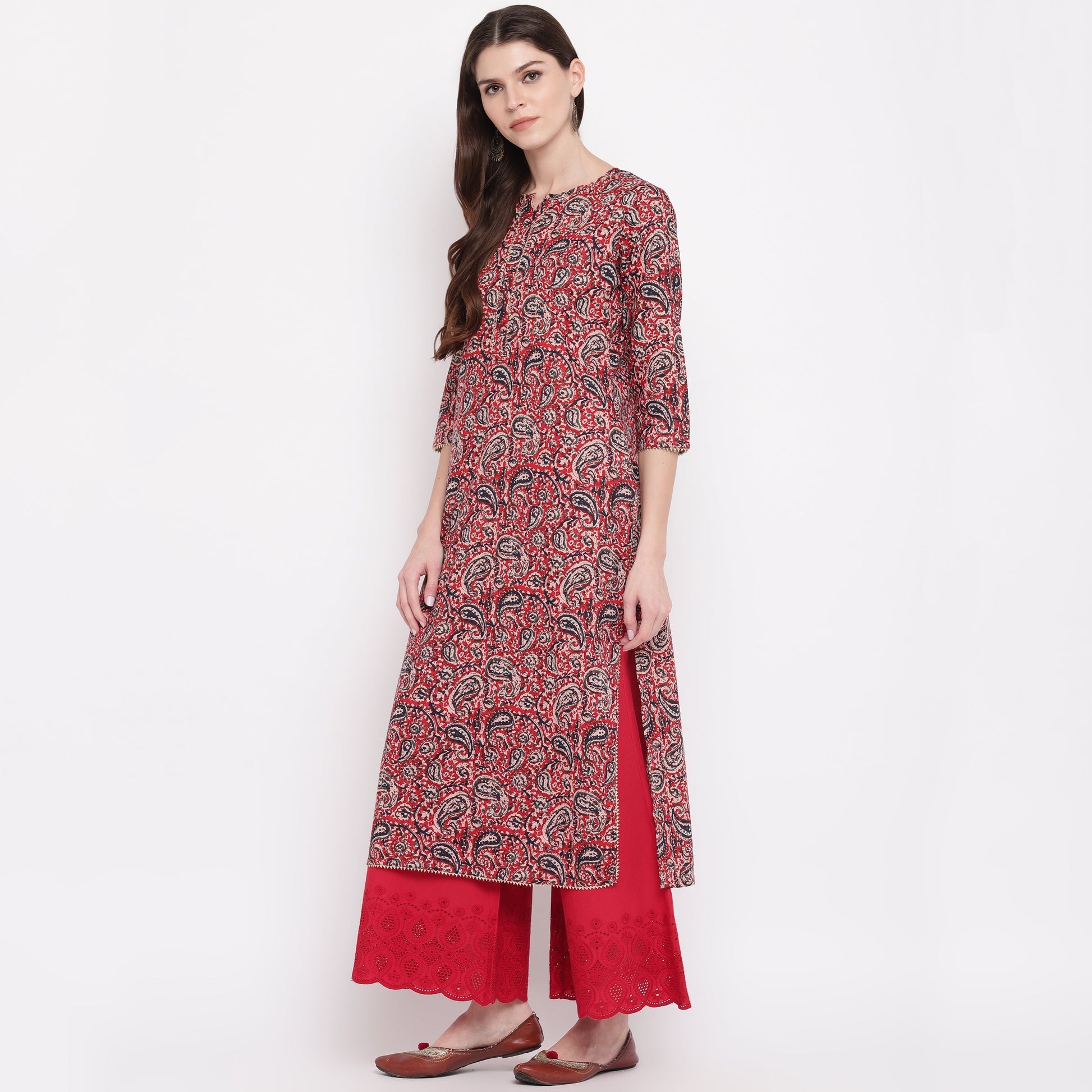 NOZ2TOZ Women's Red Kalamkari Print Cotton Kurta- (1pc set) 
