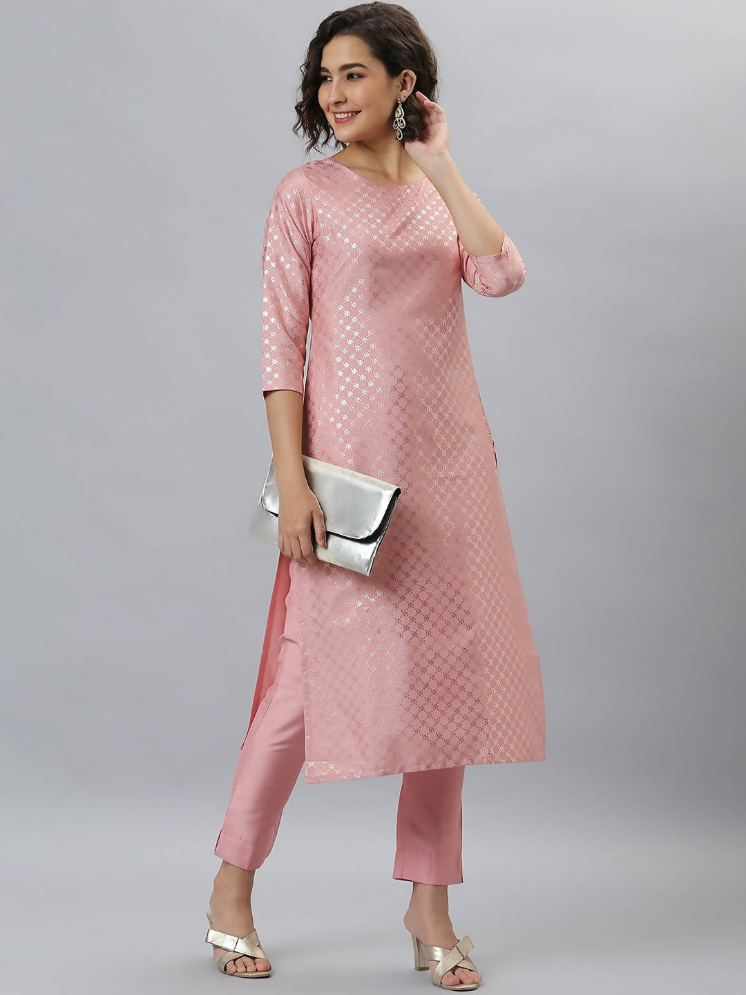 Janasya Women Mauve Woven Design Kurta with Trousers