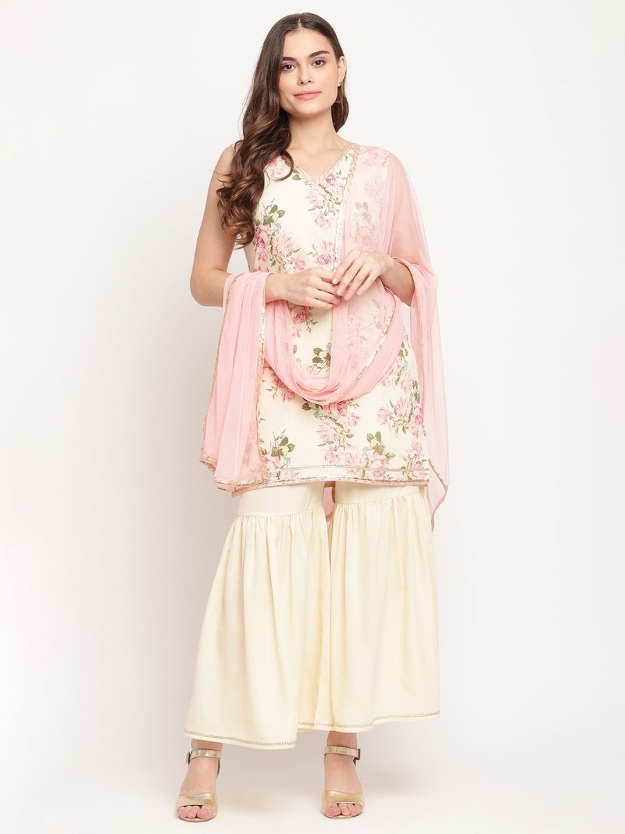 Ahalyaa Women's Beige Crepe Digital Floral Print Kurta Sharara Set with Dupatta 