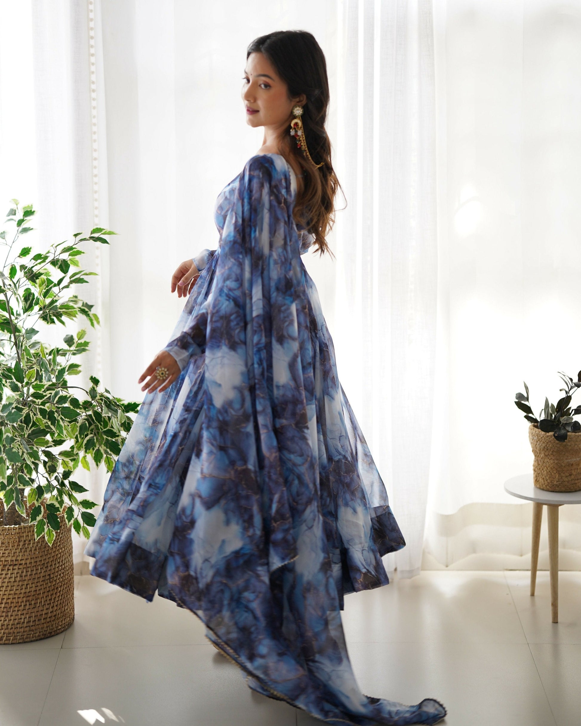 Joban Fashion Navy Blue Kurta Set Organza Sequin Embroidery Work 