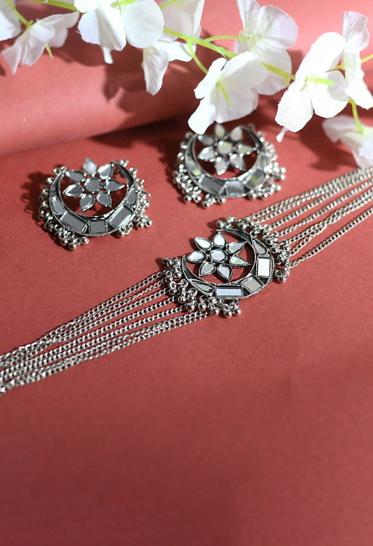 Mominos Fashion Johar Kamal Silver-Plated Brass Finish Mirror Work Choker For Women - Grab2buy