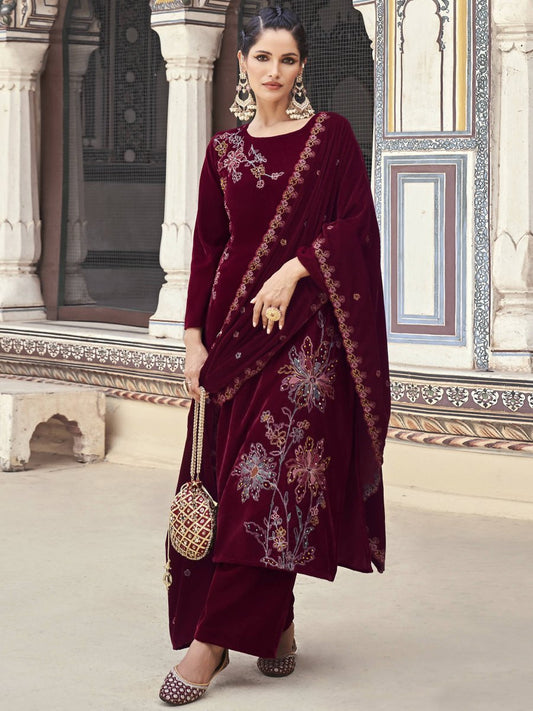 Aastha Fashion Women's Maroon Velvet Resham Thread with Jari & Sequin Kurta with Trouser & Dupatta - Grab2buy