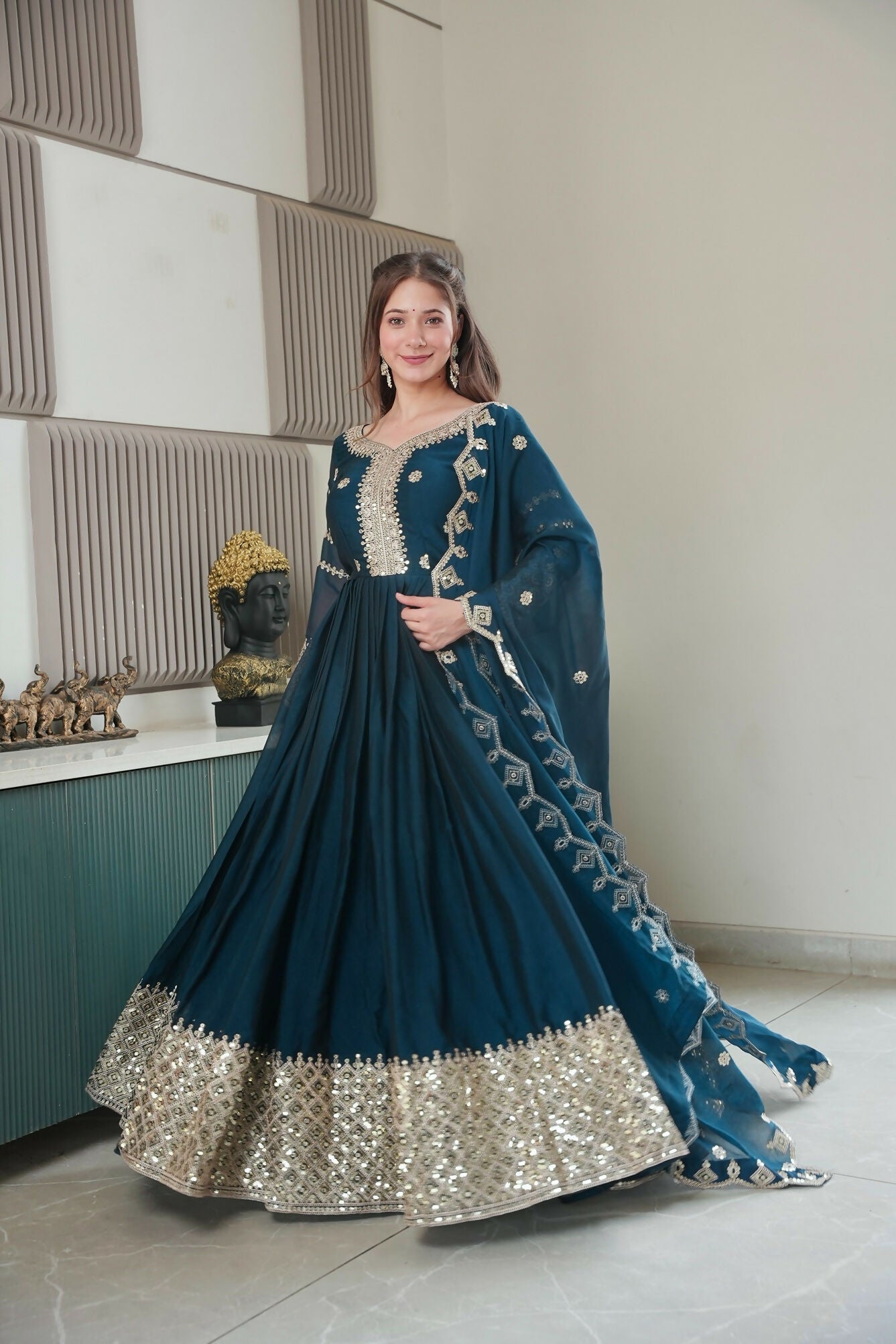 Teeya Creation Teal Color Heavy Crush Silk Wedding Wear Embroidery Work Long Gown