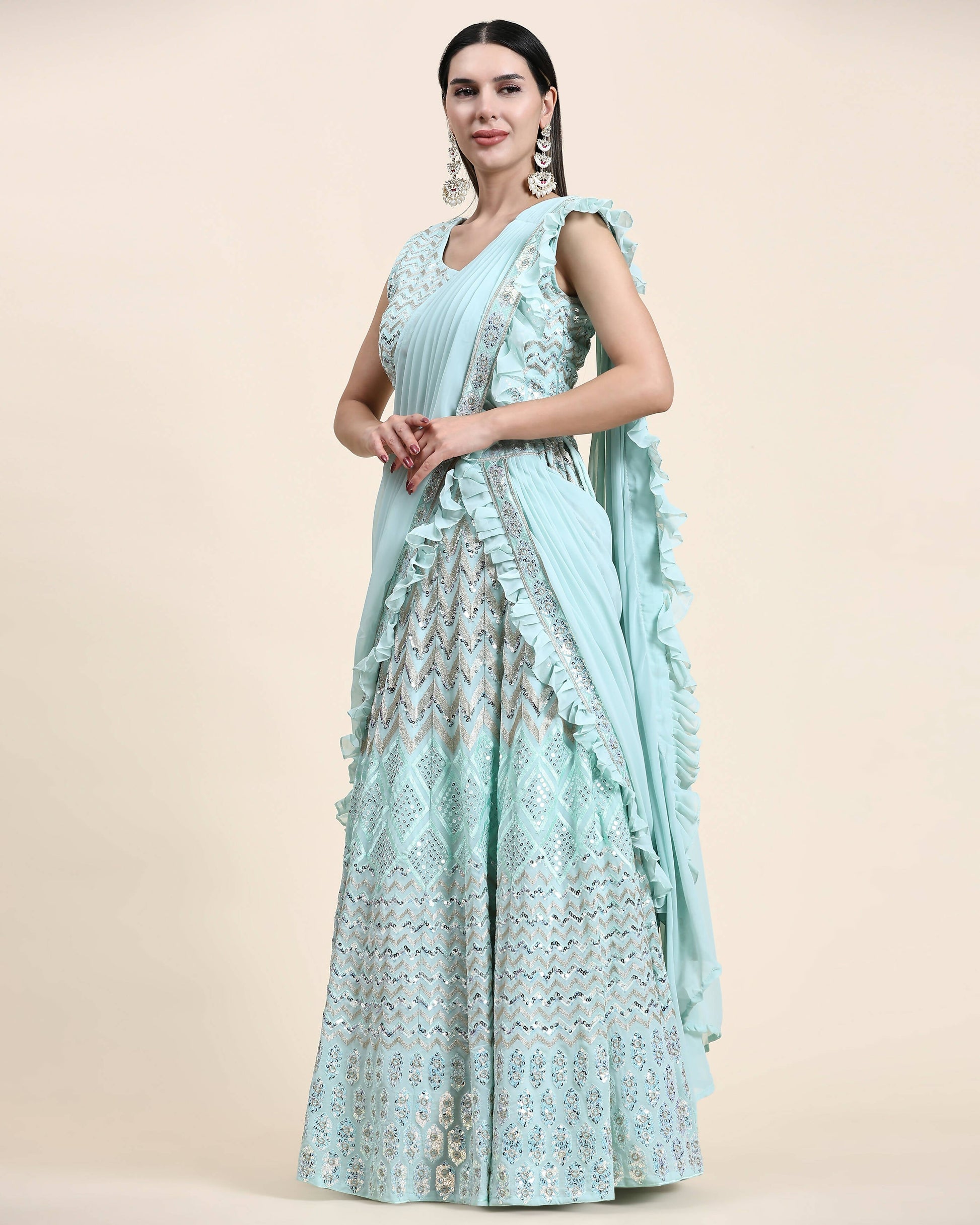 Sky Blue Pure Viscose Georgette Thread With Sequins Embroidery Work Lehenga Choli With Dupatta - Tanya