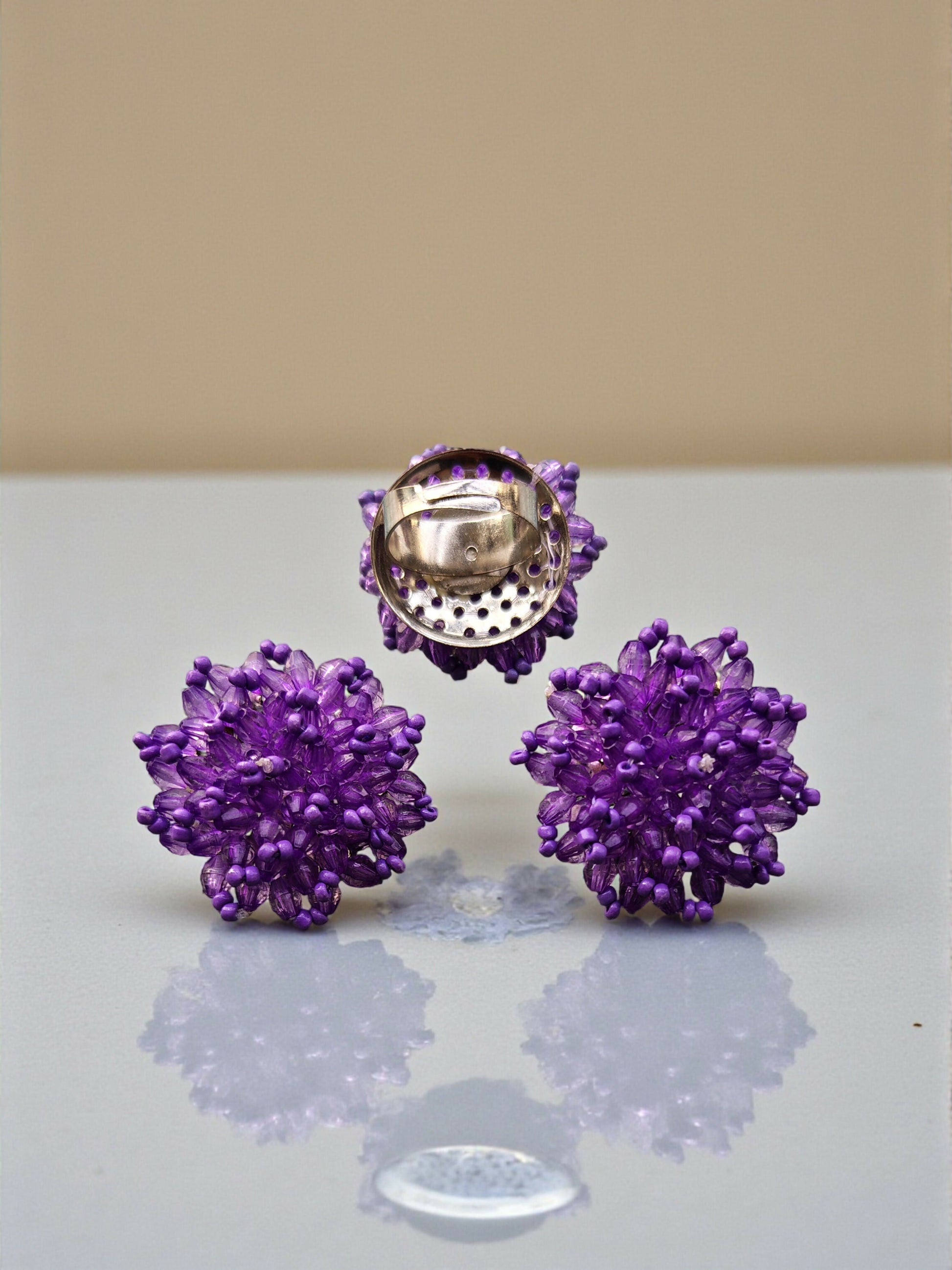 Inhanns Rangmani Crystal Duo – Adjustable Ring + Statement Earrings Set - Purple