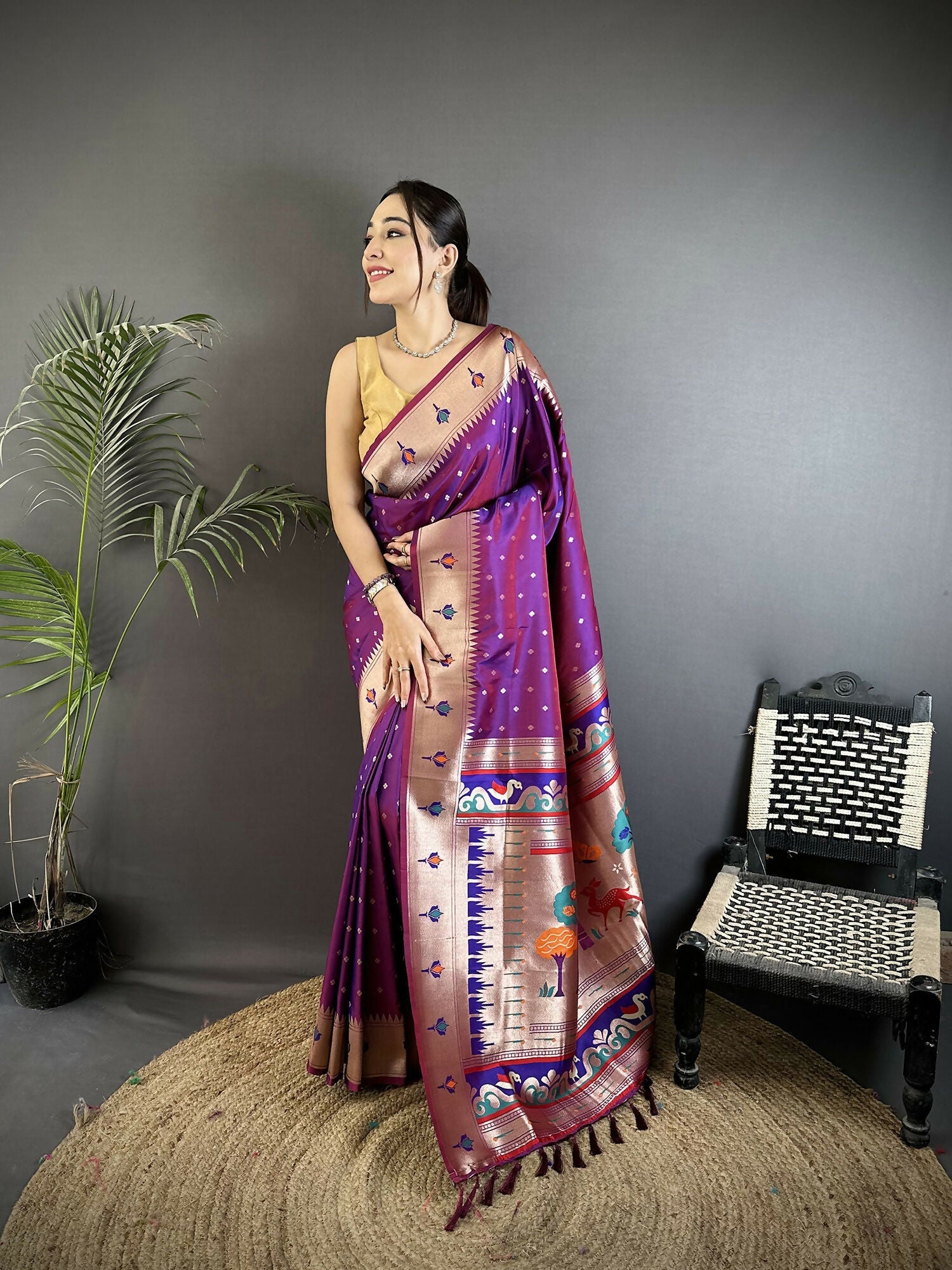 Joban Fashion Magenta Peacock & Floral Motifs Soft Lichi Silk Kanchipuram Saree