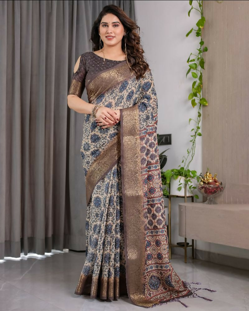 PR Fashion Grey Pure Handloom Linen Saree