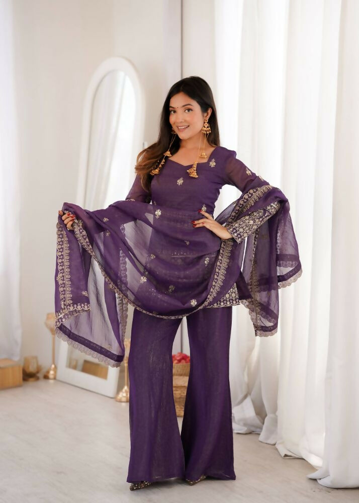 Teeya Creation Wine Purple Silk Sharara Suit With Embroidered Dupatta Set