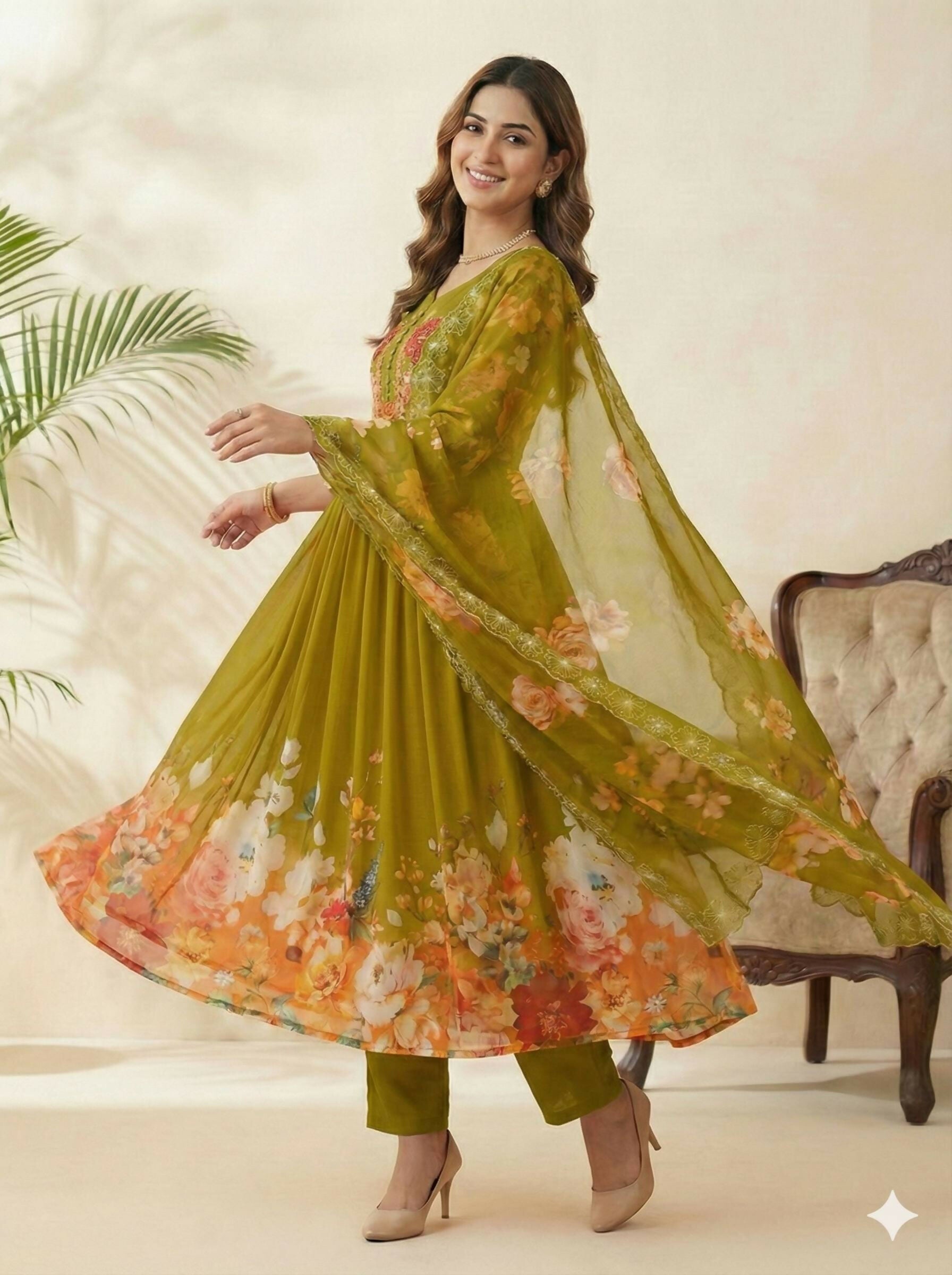 Teeya Creation Womens New Fancy Fox Georgette Heavy Quality Fabric With Handwork Green Gown Set