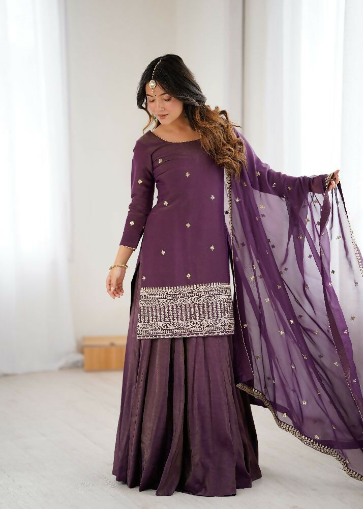 Teeya Creation Wine Color Roman Shimmer Silk Party Wear Palazzo Set