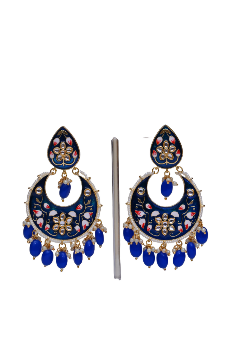 Royal Blue Gold-Polished Brass & Pearl Dangle Women Earrings| Hand Painted Meenakari Chandbali Traditional Ethnic Wear Earrings By House of Ree House of Ree