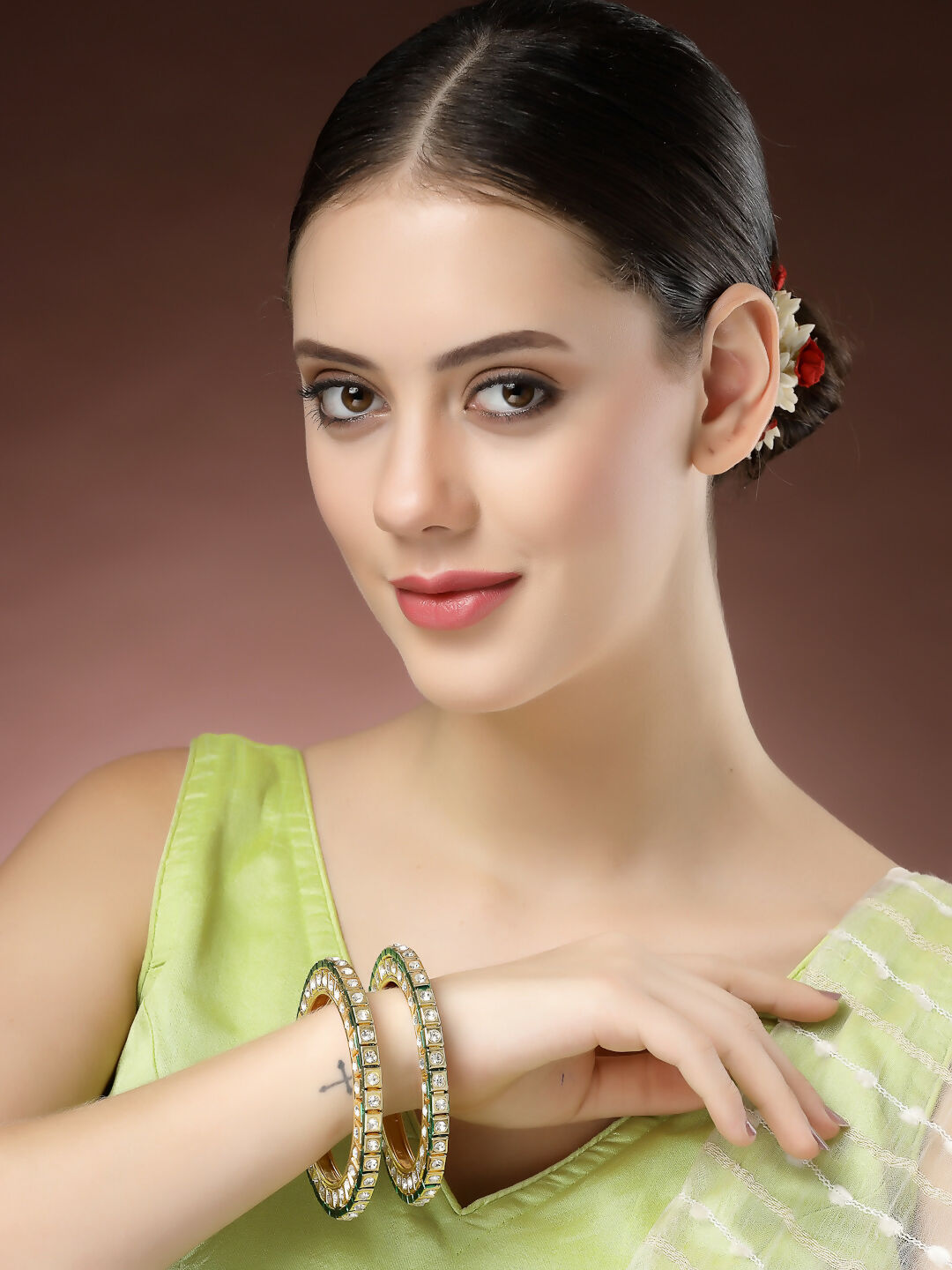 NVR Women's Set Of 2 Gold-Polished Kundan-Studded Bangles 