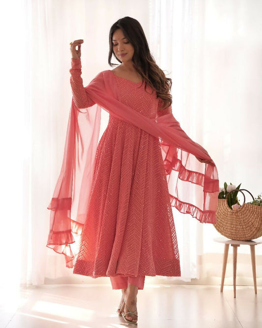 Joban Fashion Peach Kurta Set Georgette Sequence Embroidery Work 