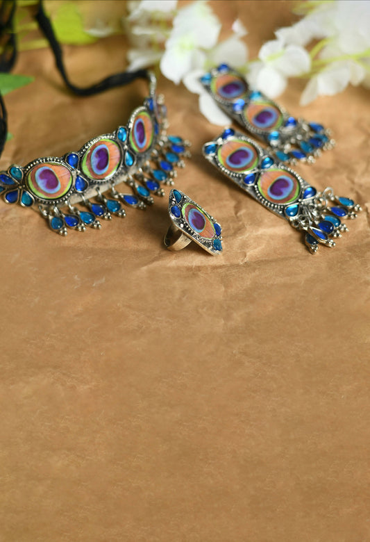 Mominos Fashion Johar Kamal Oxidised Silver-Plated Brass Finish Peacock Wings Choker For Women - Grab2buy