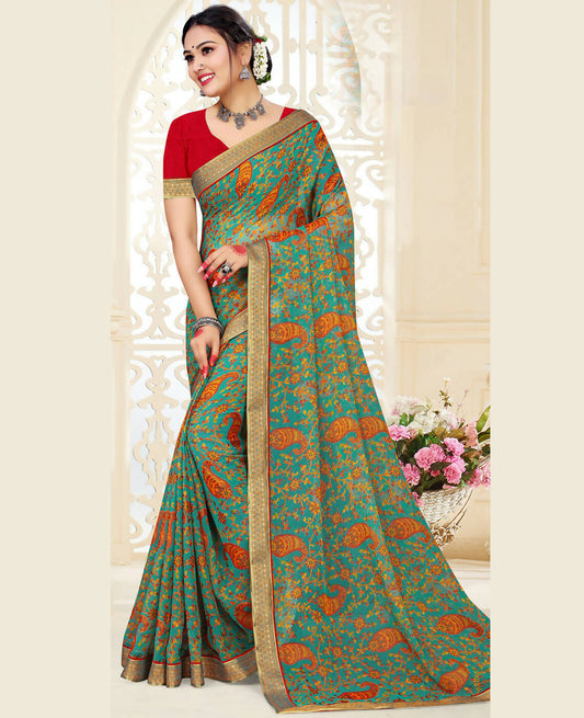 Sea Green Chiffon Brasso Printed Saree With Unstitched Blouse Piece - Jyoti