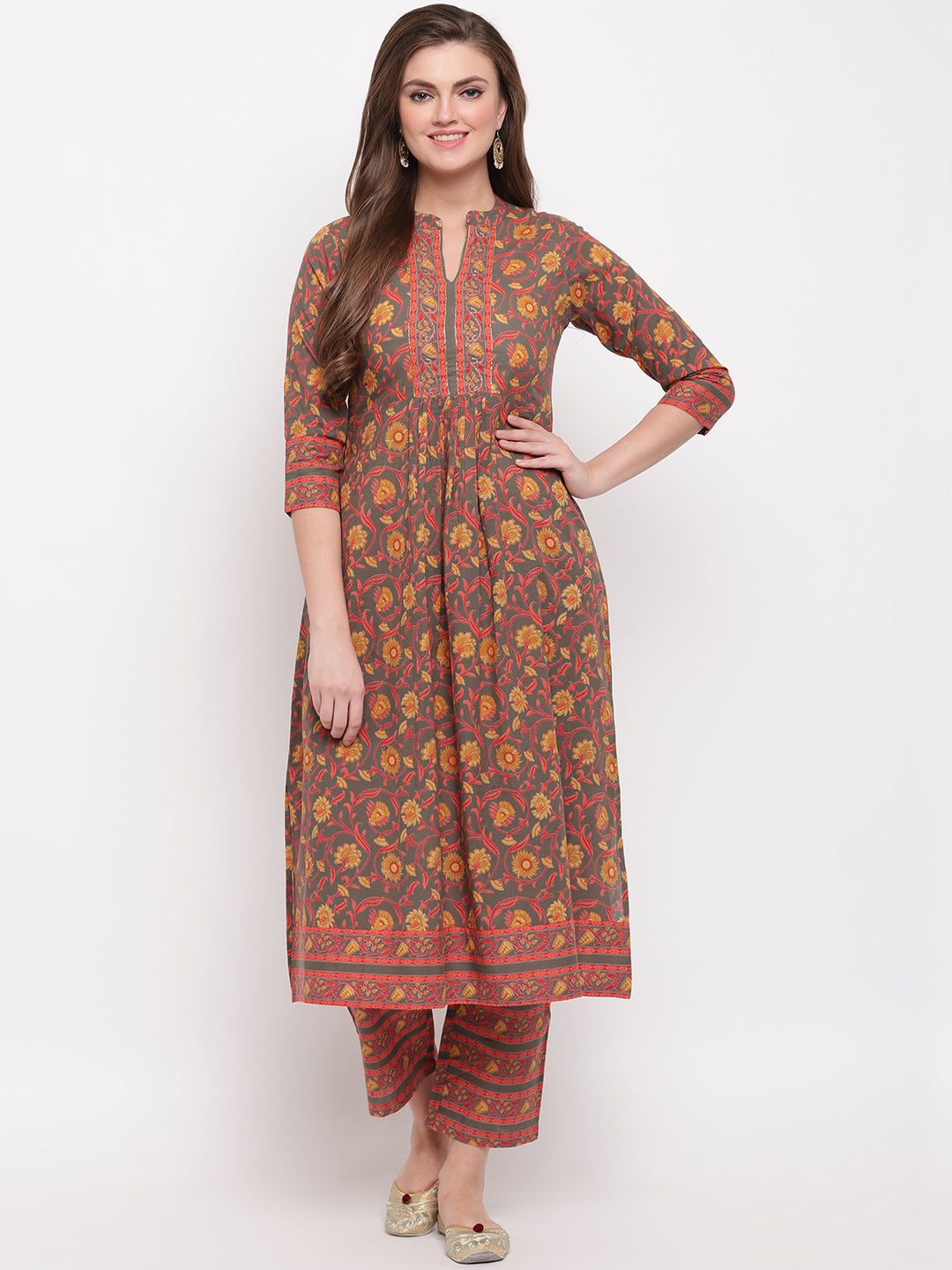 NOZ2TOZ Women's Floral Print & Hand Work Flared With Side Cut Cotton Grey Kurti 