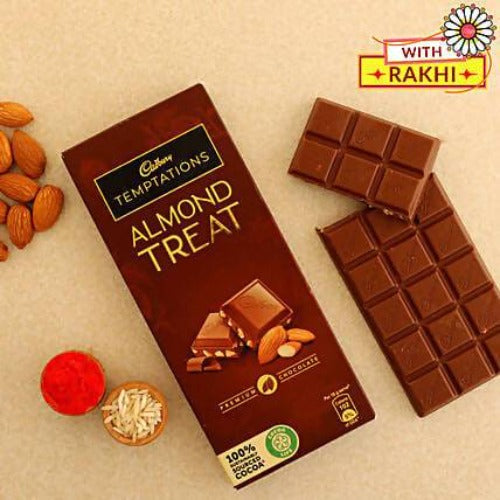 Set of 2 Rudraksha Rakhi and Almond Treat Chocolate Combo