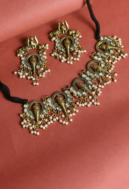 Mominos Fashion Johar Kamal Oxidised Gold-Plated Ganesha Design Necklace Choker Set - Grab2buy