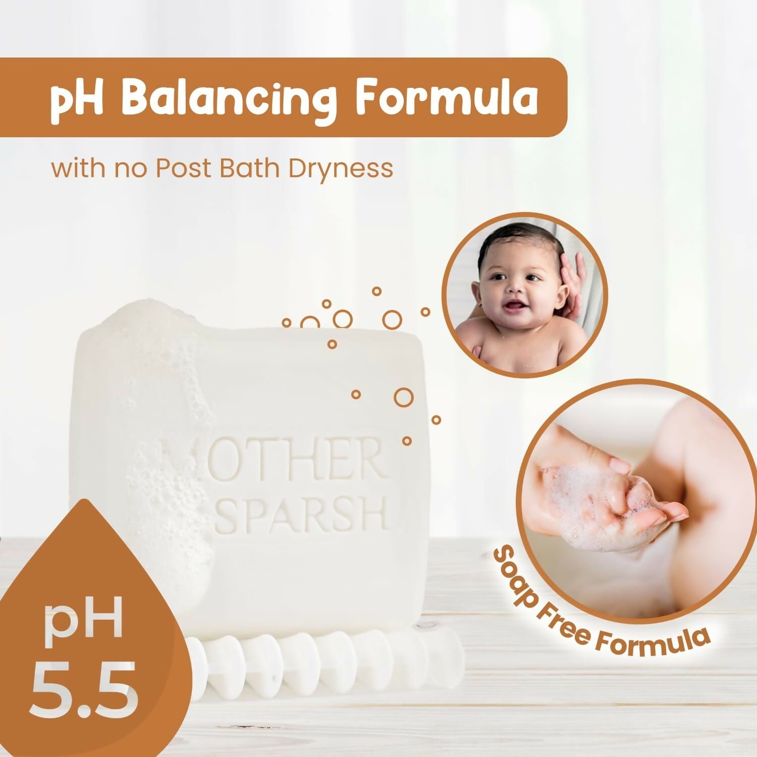 Mother Sparsh Milky Soft Baby Bathing Soap Bar For Hypoallergenic pH 5.5, Tear-Free Formulation, Prevents Dryness 