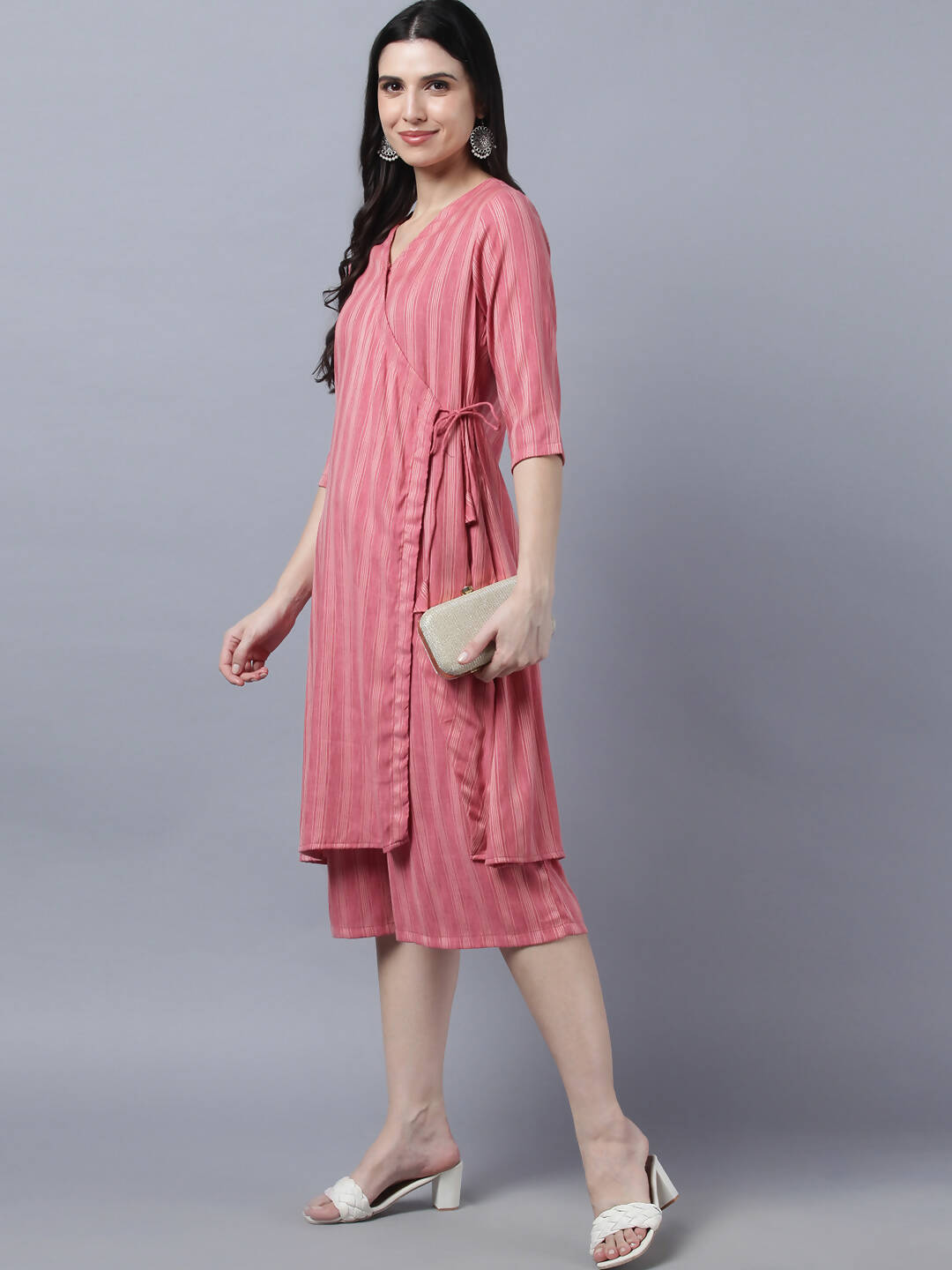 Myshka Stylish Pink Cotton 3/4 Sleeve Women's Kurta Palazzo Set