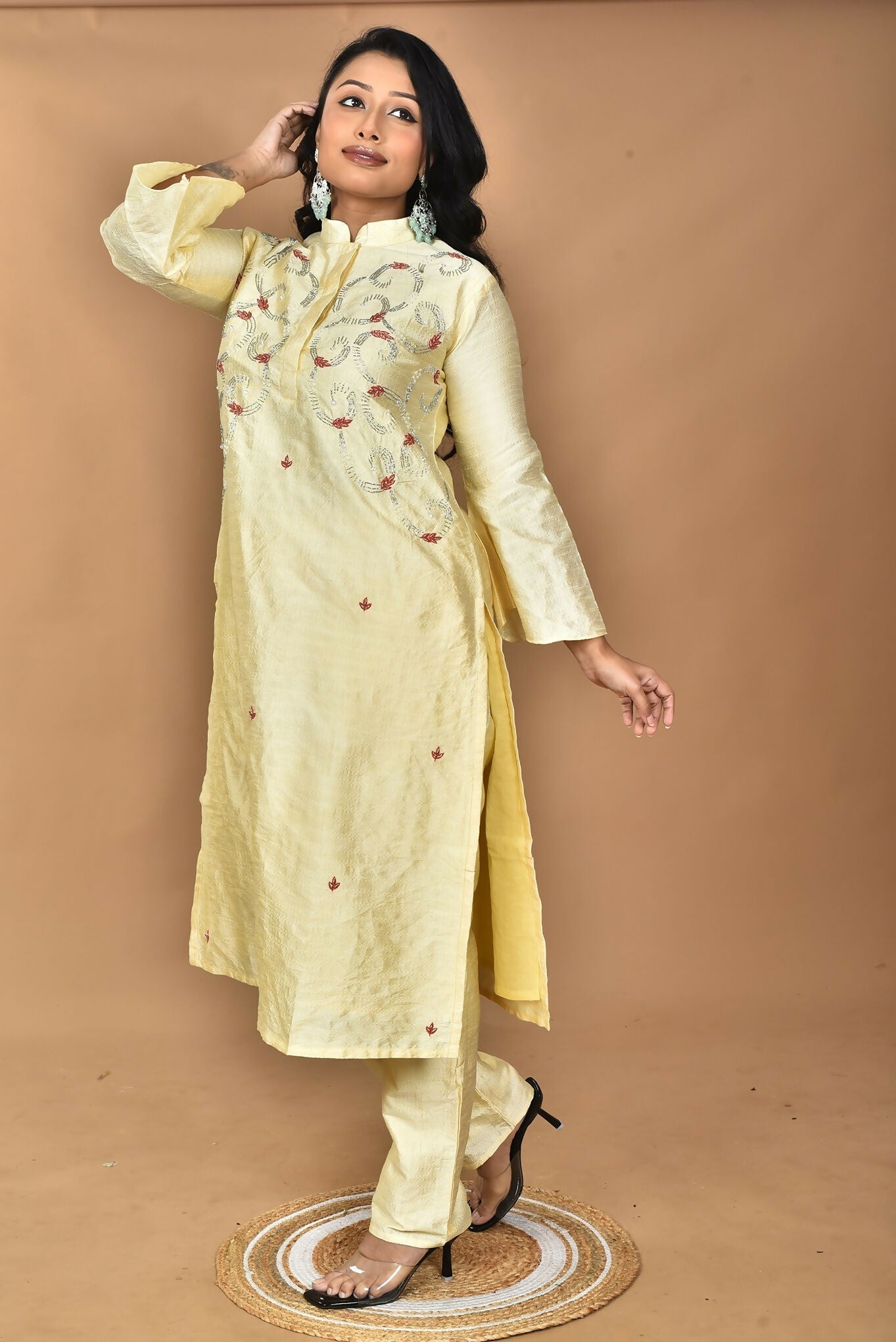 Morchari Women And Hand Embroidery Co-Ord Set-Lemon- Yellow 