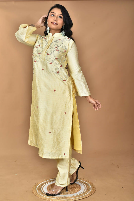 Morchari Women And Hand Embroidery Co-Ord Set-Lemon- Yellow 