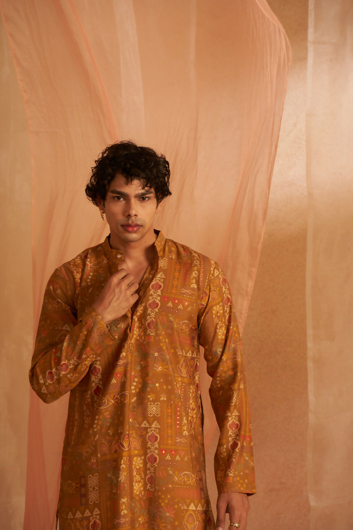 Brownish Yellow Modal Silk Designer Printed Men's Kurta Set - Mahotsav