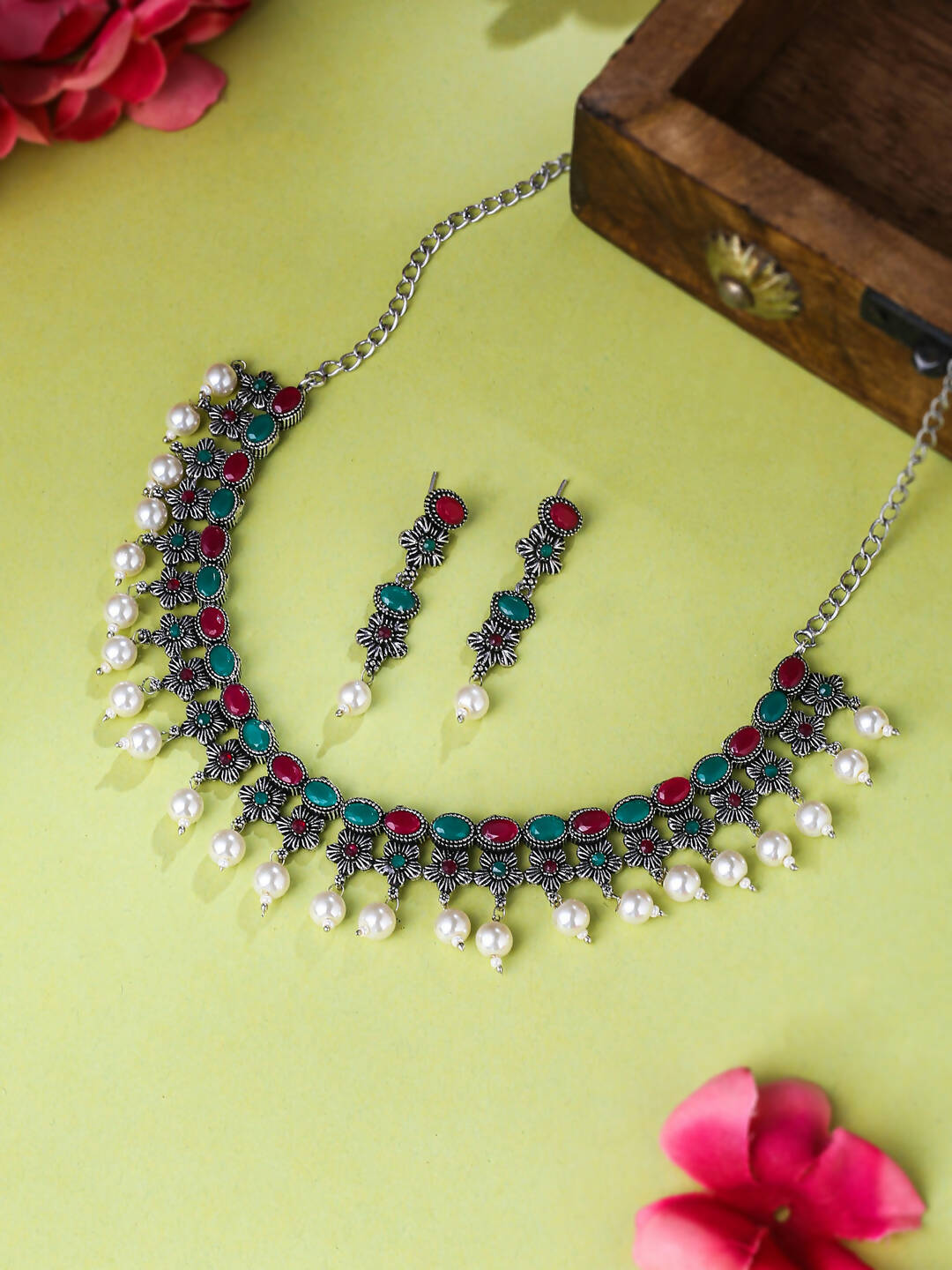 NVR Women Silver-Plated Stone Studded Oxidised Silver Jewellery Set - Grab2buy