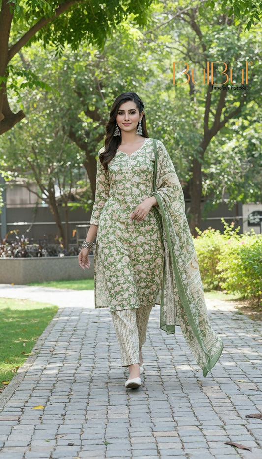 BulBul Fashionista Green Floral Cotton Kurta Set with Dupatta