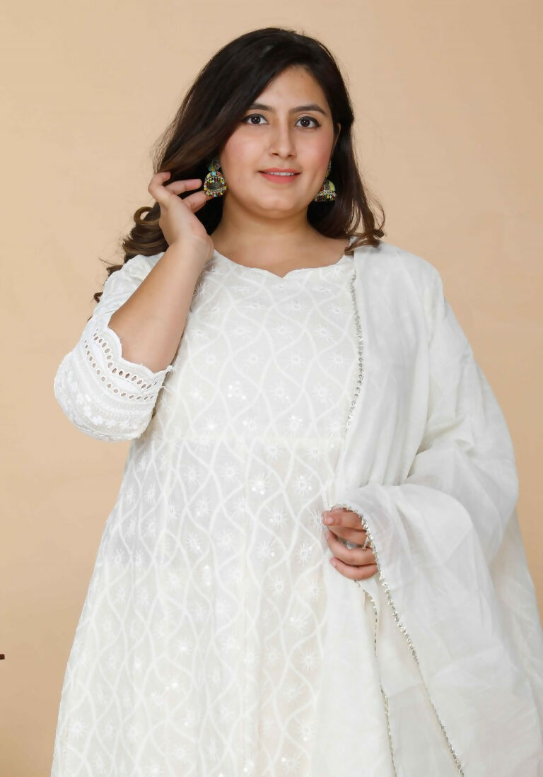 Miravan Women's Plus Size Beige Chikankari Thread Work Anarkali Kurta With Dupatta 