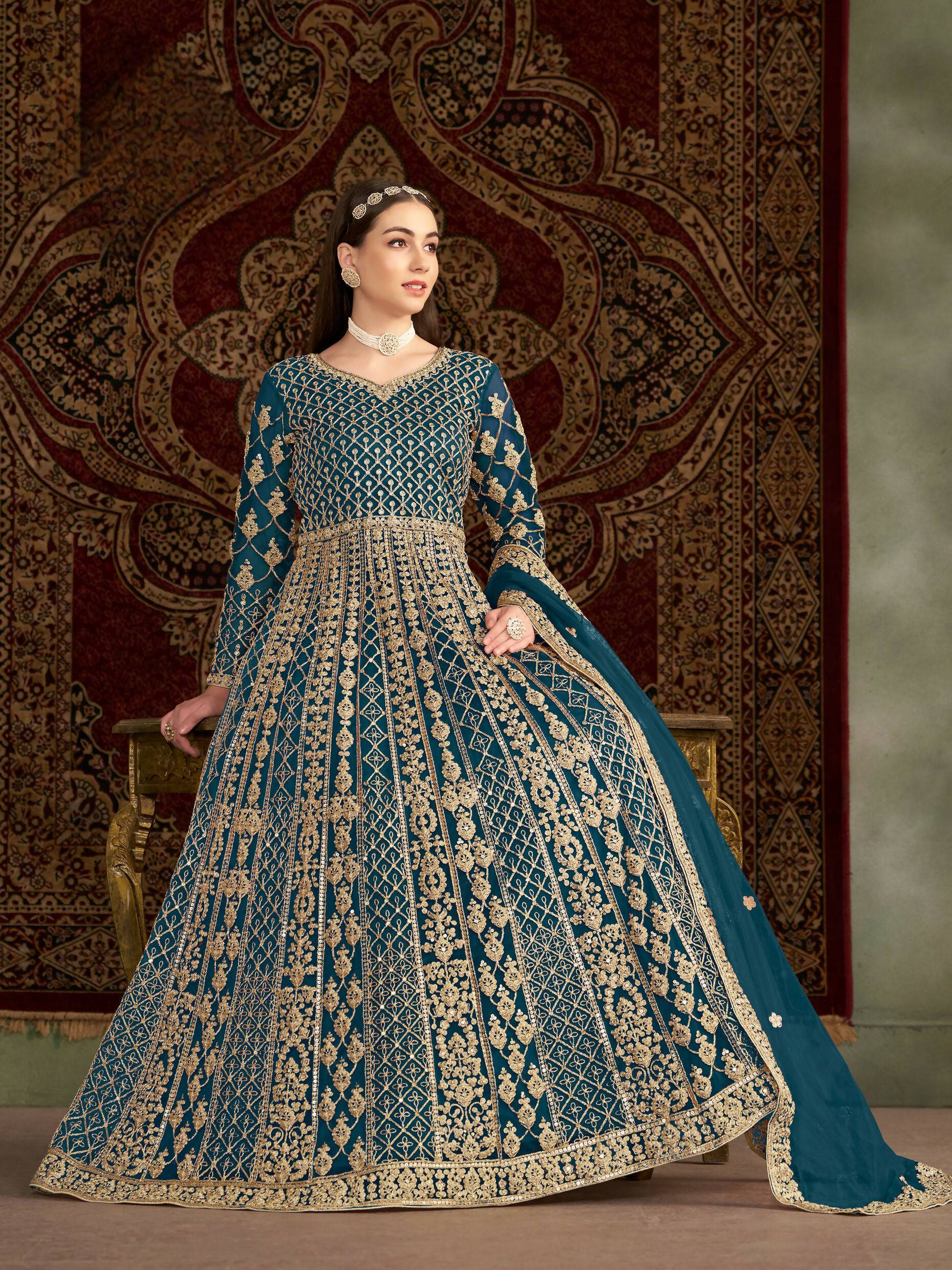 Anaita Teal Embroidered Net Anarkali Suit