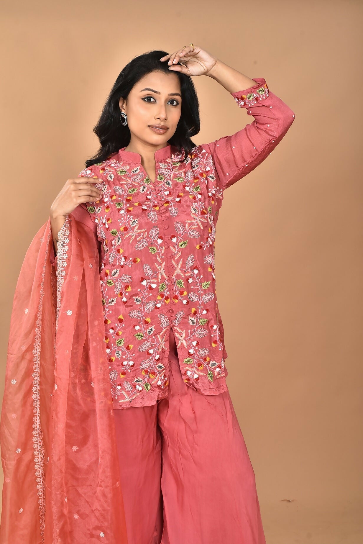 Morchari Women And Hand Embroidery Palazzo Set-Rust 