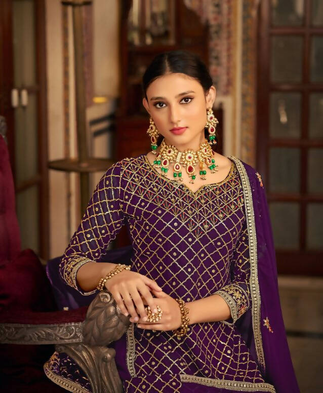 Purple Heavy Chinon Semi Stitched Kurta with Bottom & Dupatta - Dhvani