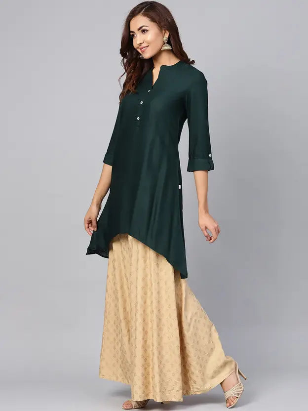 Juniper Women Solid Viscose Rayon Asymmetric Kurta (Dark Green)