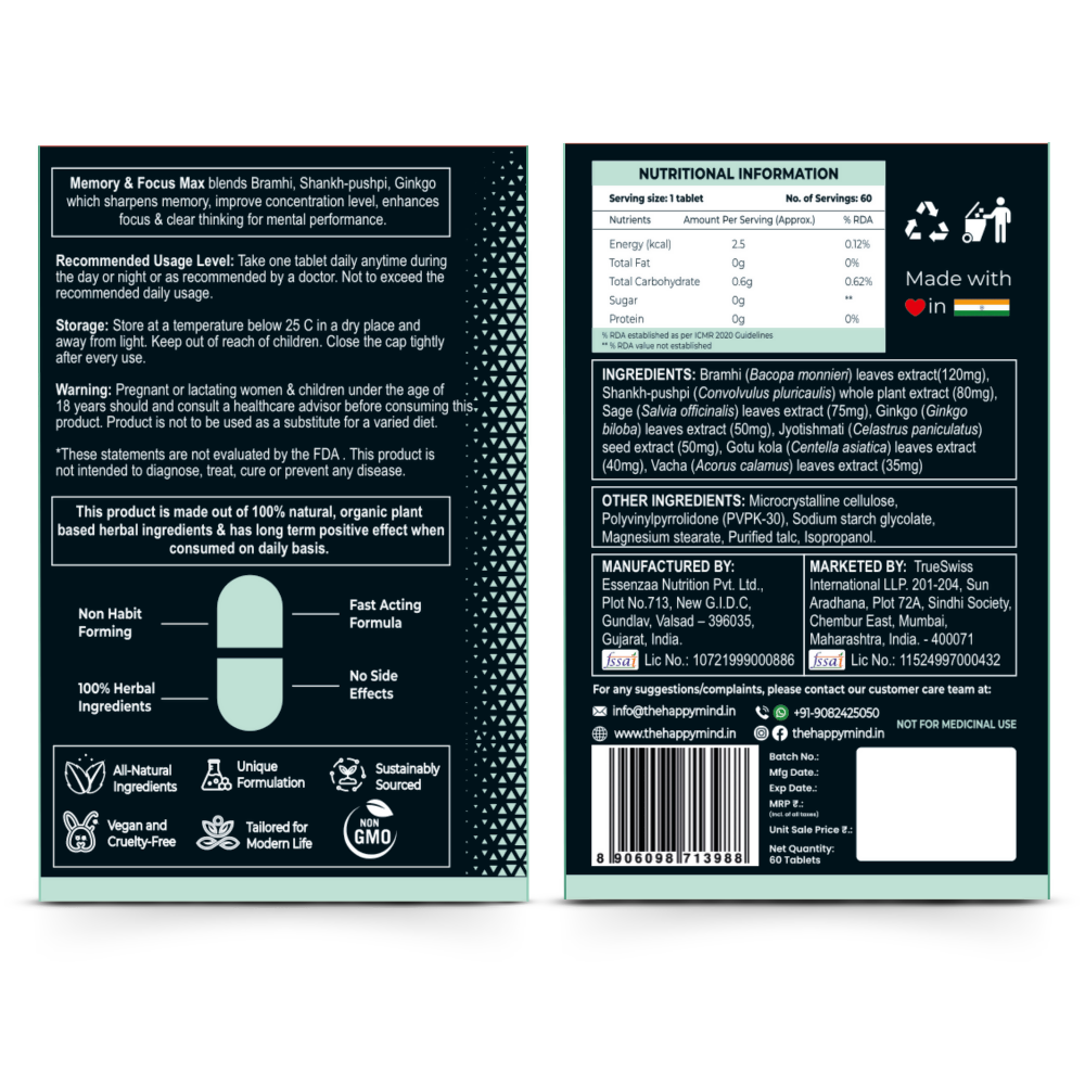 HappyMind Botanicals Memory & Focus Max Veg Tablets 