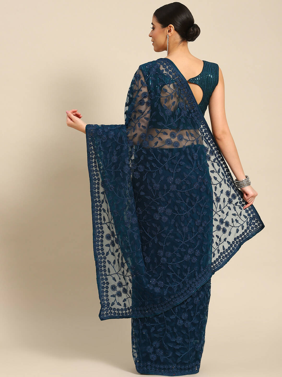 Blue Woven Design Net Saree with Blouse Piece - Kalamkari