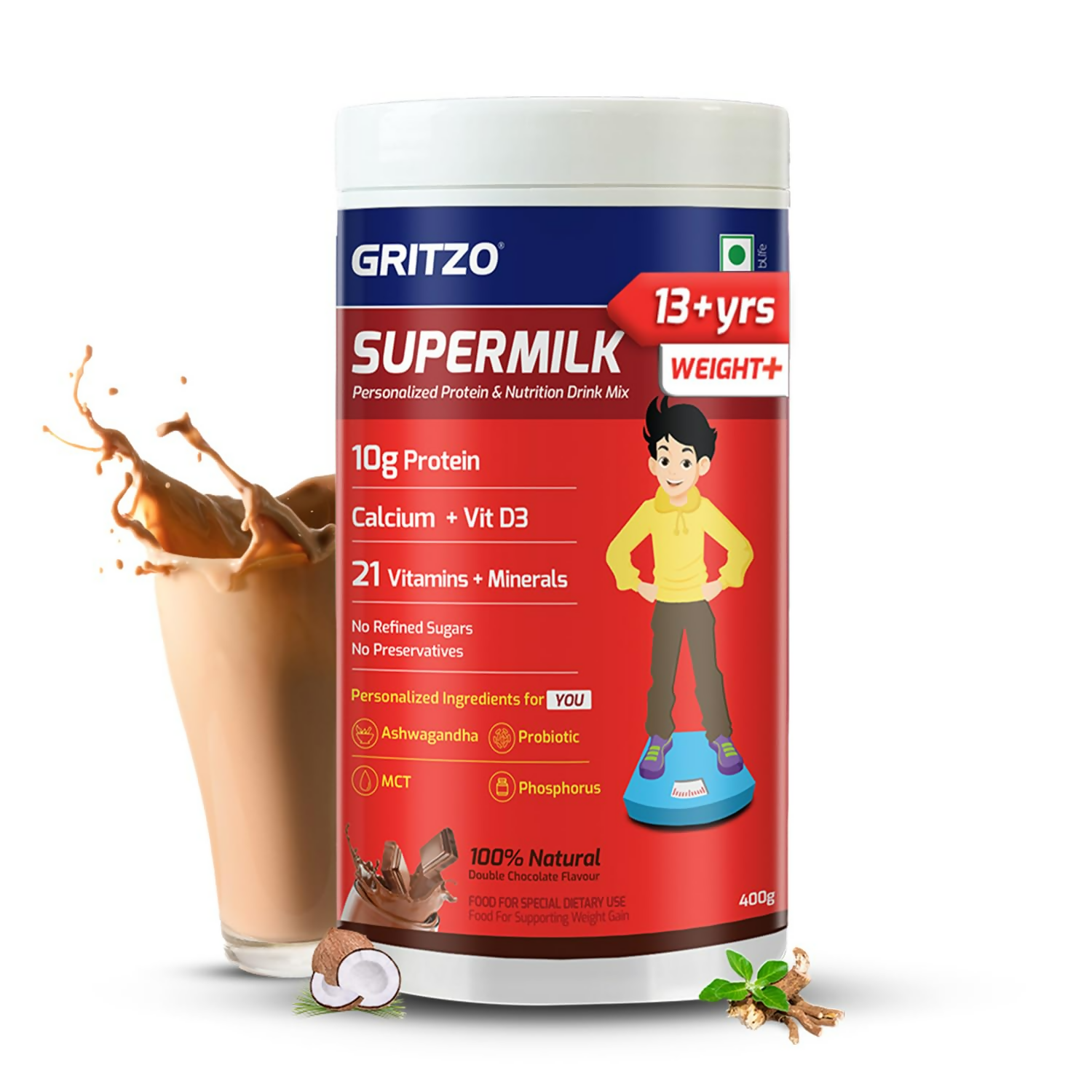 Gritzo SuperMilk Weight+ (13+y Boys), 10g Protein Powder (Double Chocolate)