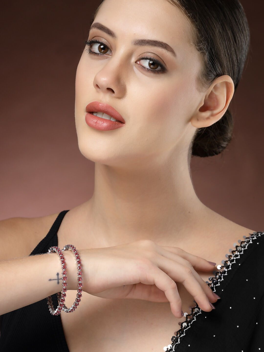 NVR Women's Set of 2 Pink CZ Stone-Studded Handcrafted Bangles 
