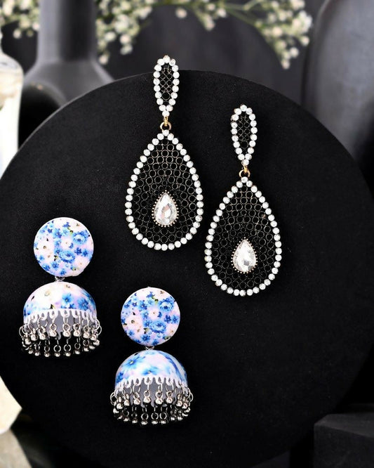 VOJ Set Of 2 Earrings- Blue Printed Jhumka With Black AD Studded Drop Earrings - Grab2buy