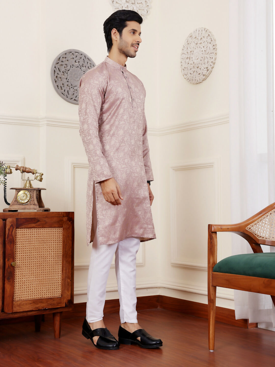 Mauve Modal Silk Wevon Designer Men's Rajwadi Kurta Set - Mahotsav