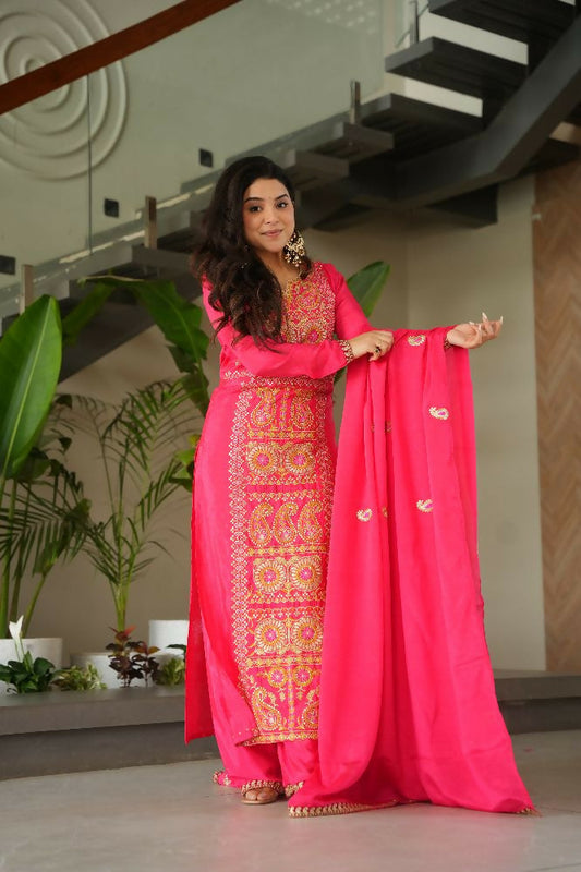 Joban Fashion Gajri Kurta Set Silk Sequins , Zari, Coding & Thread Embroidered work