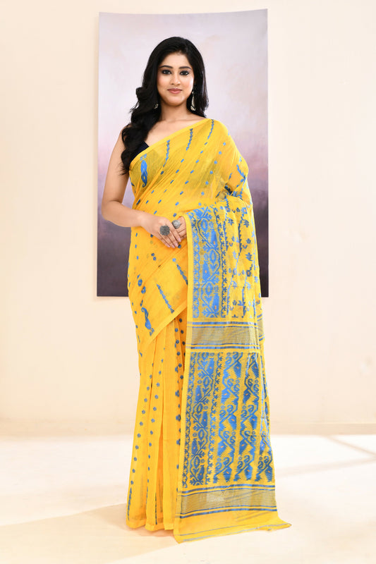 Piyari Fashion Women's Yellow Embellished Cotton Blend Jamdani Saree