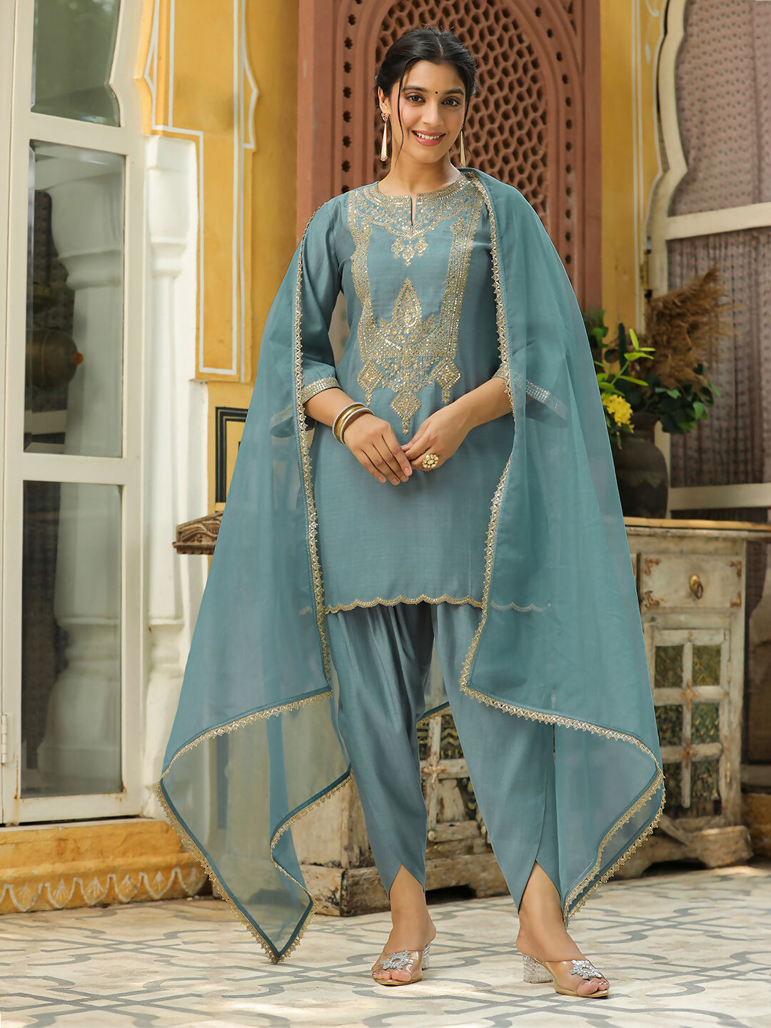 Janasya Light Blue Silk Blend Solid Kurta,Bottom & Dupatta 